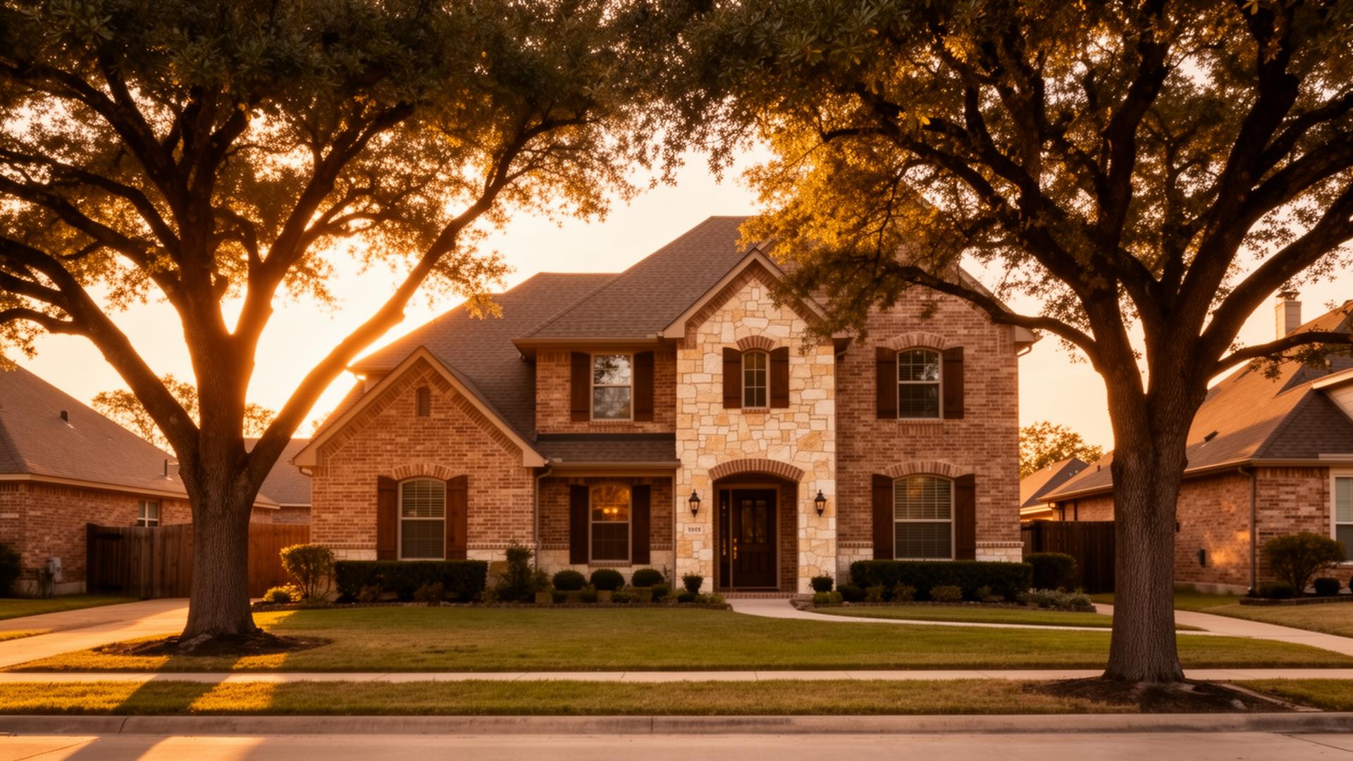 Suburban Texas brick home at golden hour