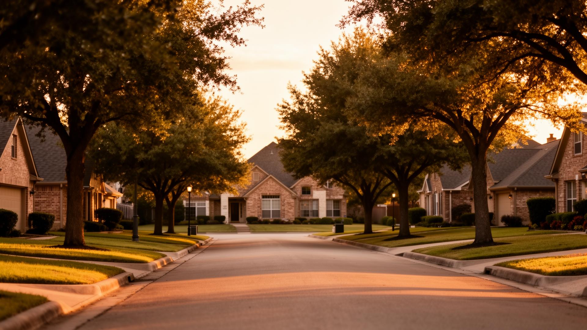 DFW suburban street at golden hour